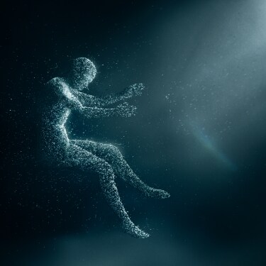 An animated person made out of particles floating in a sitting position. The person faces rays of light entering from the top right corner.